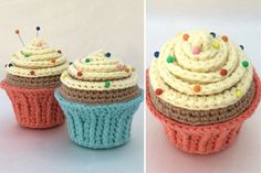 two pictures of cupcakes with white frosting and sprinkles