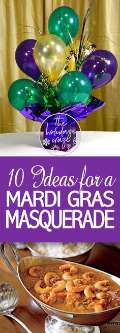 the cover of 10 ideas for mardi gras masquerade, with balloons and streamers