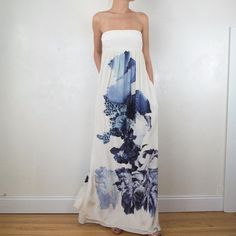 Long Printed Strapless Dress With Open Back And Zipper Closure At Side - 100% Silk Blue Strapless Maxi Dress For Casual Wear, Blue Strapless Maxi Dress For Casual Occasions, Dress With Open Back, Dress First, Open Back, Strapless Dress, Colorful Dresses, Color Blue, Size 4