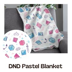 an image of a blanket on a couch with the words dnd pastel blanket next to it