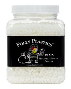 a jar filled with white plastic beads