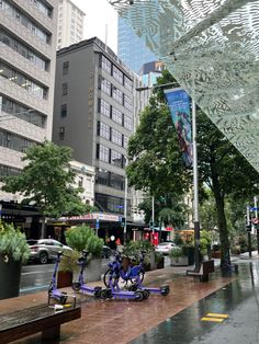 two bikes parked on the side of a road next to tall buildings and trees in front of them