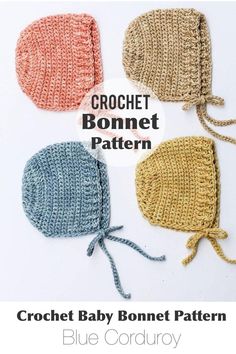 three crochet bonnets with the text, crochet baby bonnet pattern