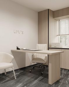 an empty office with two chairs and a desk in front of a window that reads live's