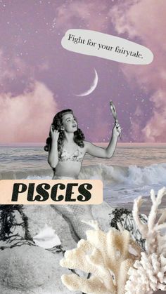 a collage of photos with the words pisces and a woman holding a cell phone