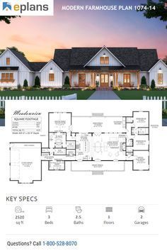 the floor plan for this modern farmhouse house plan is shown in blueprints and includes two