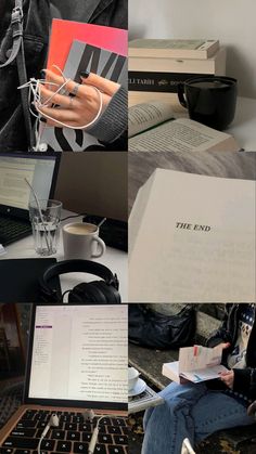 a collage of photos with books and headphones