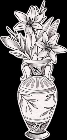 a drawing of a vase with flowers in it