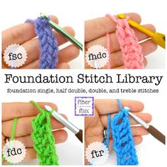 there are four pictures showing how to crochet the foundation stitch library