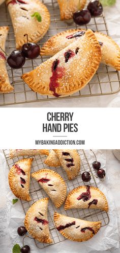 cherry hand pies on a cooling rack with cherries