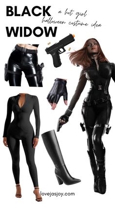 the black widow costume is shown with boots and gloves