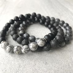 grey picasso jasper, black lava and larvikite triple beaded bracelet for men Crystal Bead Jewelry, Black Labradorite, Lava Stone Bracelet, Lava Bracelet, Picasso Jasper, Beads Bracelet Design, Les Chakras, Bracelet Design, Mens Beaded Bracelets