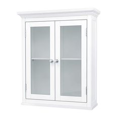 a white cabinet with two glass doors on the front and bottom shelves, against a white background