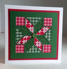 a green and red christmas card with a button on the center surrounded by other cards