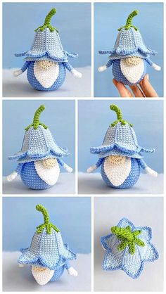 crocheted hats with green leaves are shown in four different pictures, one is blue and the other is white