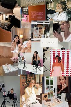 a collage of photos with women in white and red outfits, one woman is holding a cell phone while the other two are taking pictures