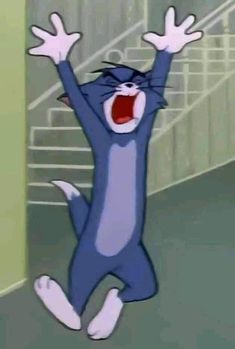 an animated cat jumping up into the air with its mouth wide open and hands in the air