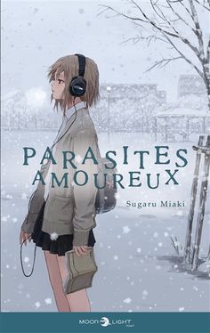 a girl with headphones is standing in the snow