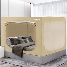 a bed that is in the middle of a room