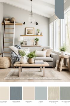 a living room filled with furniture and lots of color swatches in shades of gray, beige