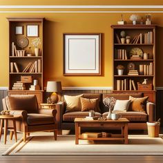 a living room filled with furniture and bookshelves