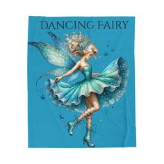 a blue towel with a fairy on it and the words dancing fairy written in black