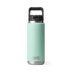 the yeti water bottle is shown in mint green