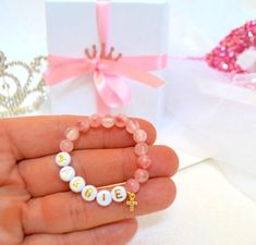 18K Gold Rhinestone Holly Cross Pink Jade Baby Bracelet, Baptism Gift, Christening, Communion, Baby Shower Gift, Personalized Girls Bracelet Personalised Baby Bracelet, Girls Bracelet, Mother Daughter Bracelets, Bracelet Stacks, Pink Jade, Gender Reveals, Baby Announcements, Jade Gemstone, Gelang Manik