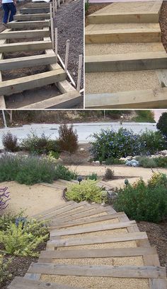 steps made out of wooden boards are shown in three different pictures, one is empty and the other has plants growing on it