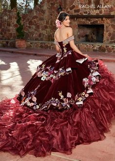 Floral Ruffled Quinceanera Dress by Rachel Allan RQ5007 – ABC Fashion Ballgown Design, Off Shoulder Velvet Dress, Organza Applique, Peplum Design, Aunt Jemima, Peplum Designs, Cathedral Train