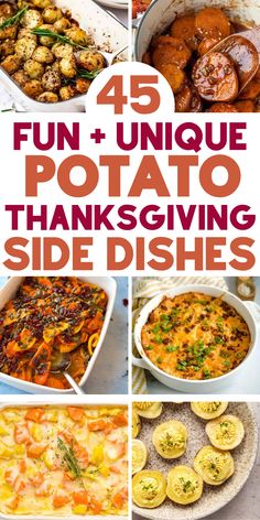 Unique potato side dishes for Thanksgiving, including mashed potato and sweet potato recipes, cheesy potatoes and scalloped potato dishes for your holiday menu. Thanksgiving Potatoes Side Dishes, Best Potato Side Dishes, Unique Thanksgiving Side Dishes, Potato Meals, Side Dishes For A Crowd, Thanksgiving Potatoes Recipes, Side Dishes For Thanksgiving, Dishes For Thanksgiving, Southern Thanksgiving Recipes