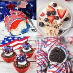 red, white and blue desserts are on display in this collage with the american flag