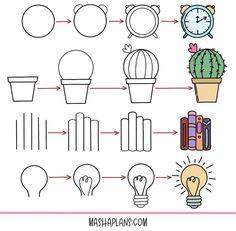 the diagram shows how to draw different shapes and sizes for plants, flowers, and other things