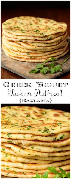 greek yogurt flatbread with parsley on top and another image in the background