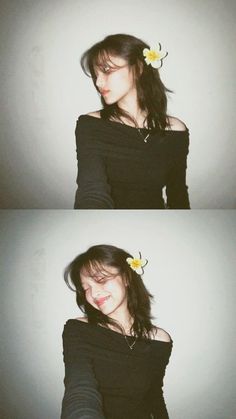 two pictures of a woman with a flower in her hair