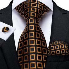 Plaid Tie Set | DiBanGuStore Gold Man, Paisley Color, Men Tie, Wedding Tie, Brown Paisley, Mens Silk Ties, Tie For Men, Silk Set, Unique Ties