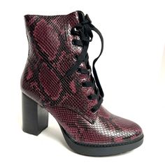 Naturalizer Women’s Callie Burgundy Leather Snake Print Size 7m -New With Box -Uf Casual Purple Leather Heels, Naturalizer Shoes, Jane Shoes, Mary Jane Shoes, Snake Print, Python, Bootie Boots, Ankle Boots, Black And Red