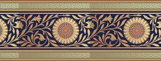 an intricately designed border with sunflowers and leaves in gold on blue background