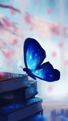 a blue butterfly sitting on top of books with the sky and stars in the background