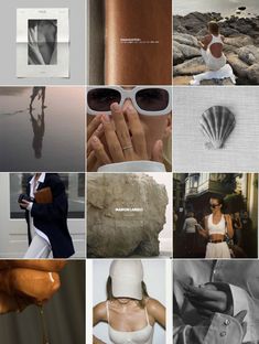 the collage is full of many different things in black and white photos, including an image of a woman wearing sunglasses