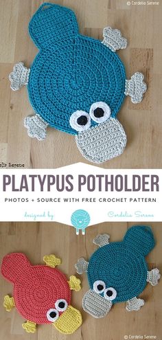 two crocheted rugs with the words platypus potholder on them