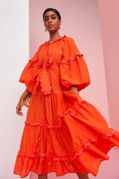 Flame Dress – CELIA B Big Flowy Dress, Flame Dress, 2023 Clothes, Mom Fits, Bright Prints, 2024 Inspiration, Dramatic Sleeves, Orange Midi Dress, Gameday Dress