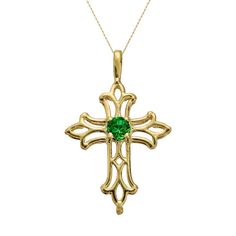 A lab-created emerald stone and filigree details give this cross pendant eternal beauty. Pendant Details: Pendant length: .86-in. Necklace length: 18-in. Clasp: spring-ring Metal: 10k goldGemstone Details: Gemstone type: lab-created emerald Cut: round Setting: prong Size: 18". Color: Green. Gender: female. Age Group: adult. Emerald Cross Necklace, Elegant May Birthstone Cross Pendant Jewelry, Elegant Green Cross Necklace, Elegant Green Cross Pendant Necklace, Elegant Green Cross Jewelry, Elegant Green Cross-shaped Jewelry, Emerald Cross, Eternal Beauty, Peridot Stone