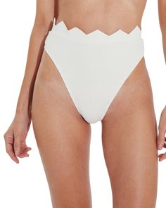 Chic Bottoms For Sunbathing In Summer, White Stretch High-waist Swimwear, White High-waisted Stretch Swimwear, White Stretch Beachwear Bottoms, White Stretch Bottoms For Pool, Chic Summer Swimming Bottoms, Chic Bottoms For Sunbathing At The Beach, High-cut Leg Summer Pool Bottoms, Chic High-cut Leg Swimwear