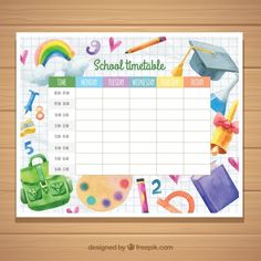 a school timetable with colorful items on it