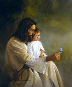 a painting of jesus holding a child in his arms and looking at a blue butterfly