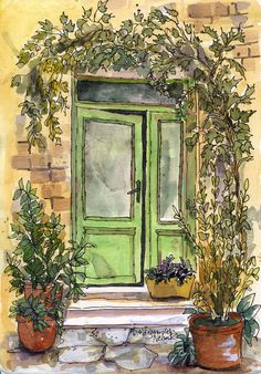 watercolor painting of green door and potted plants