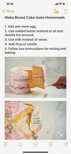 the recipe for cake is displayed on an iphone screen