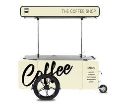 the coffee shop cart is white with black lettering