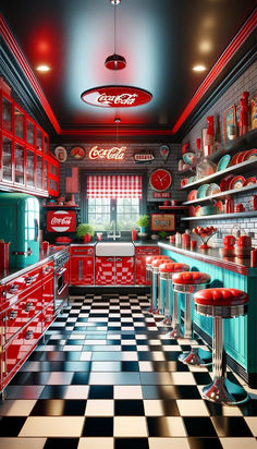 a kitchen with checkered flooring and red cabinets in the center is filled with coca - cola memorabilia